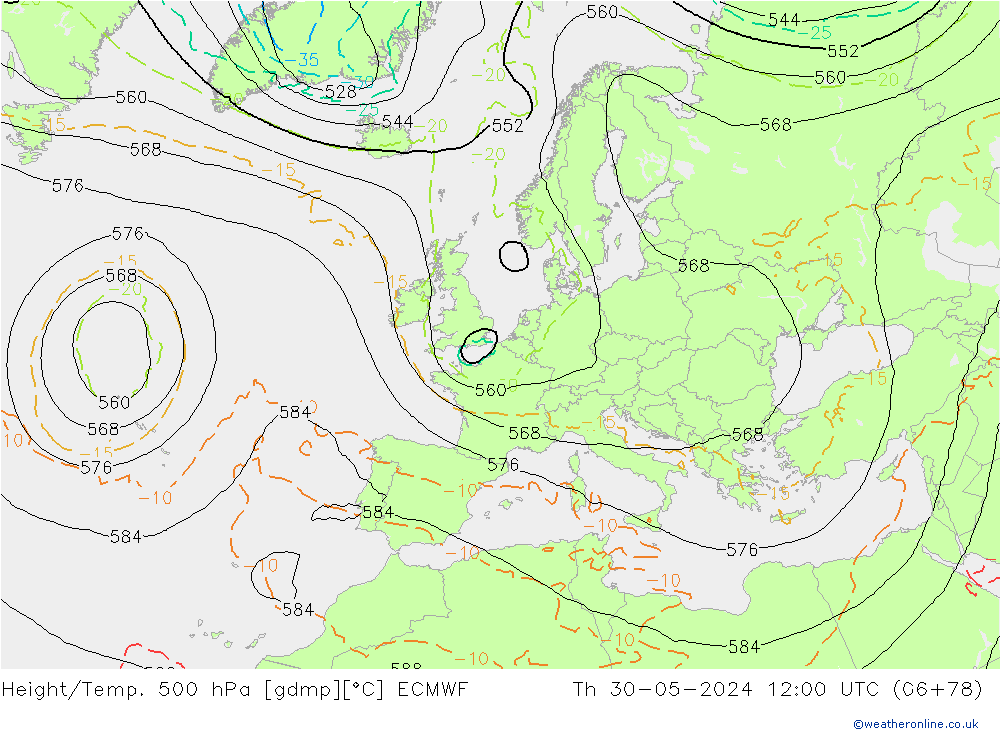 Z500/Rain (+SLP)/Z850 ECMWF Do 30.05.2024 12 UTC