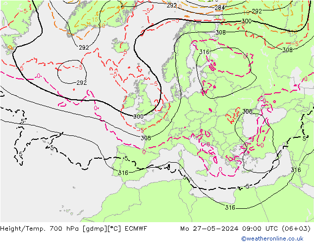 Height/Temp. 700 hPa ECMWF Seg 27.05.2024 09 UTC