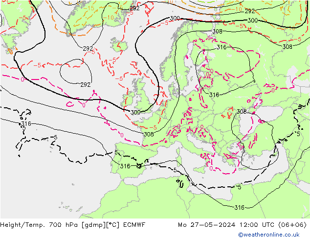 Height/Temp. 700 гПа ECMWF пн 27.05.2024 12 UTC