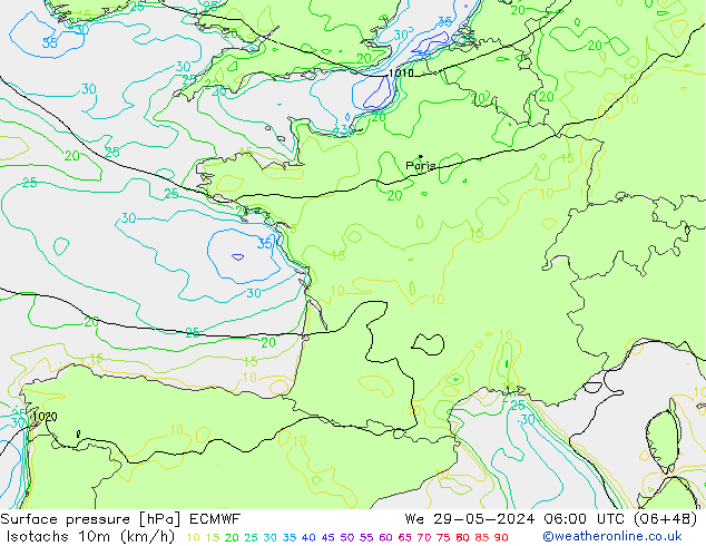 Isotachen (km/h) ECMWF Mi 29.05.2024 06 UTC