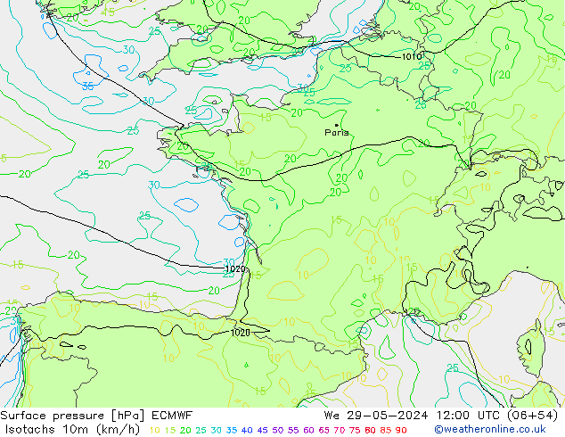 Isotachs (kph) ECMWF We 29.05.2024 12 UTC