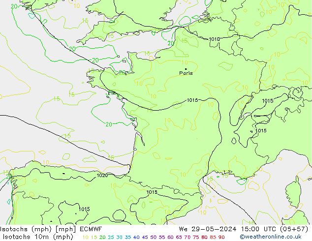 Isotachen (mph) ECMWF wo 29.05.2024 15 UTC