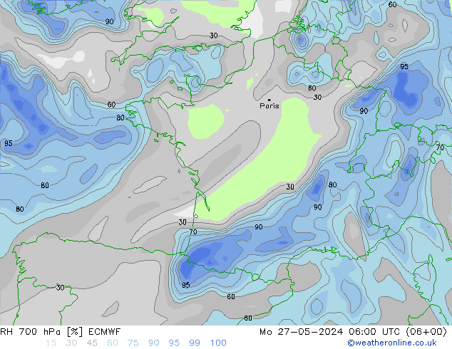 RH 700 гПа ECMWF пн 27.05.2024 06 UTC