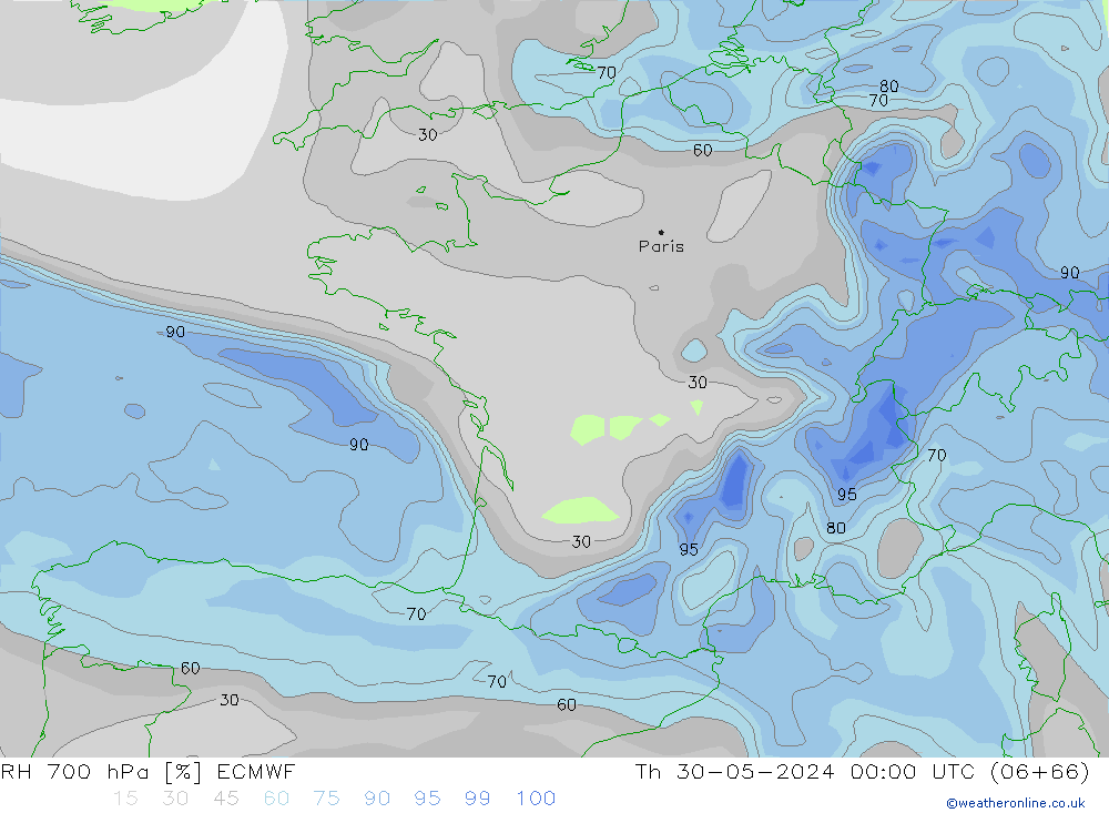 RH 700 hPa ECMWF Čt 30.05.2024 00 UTC