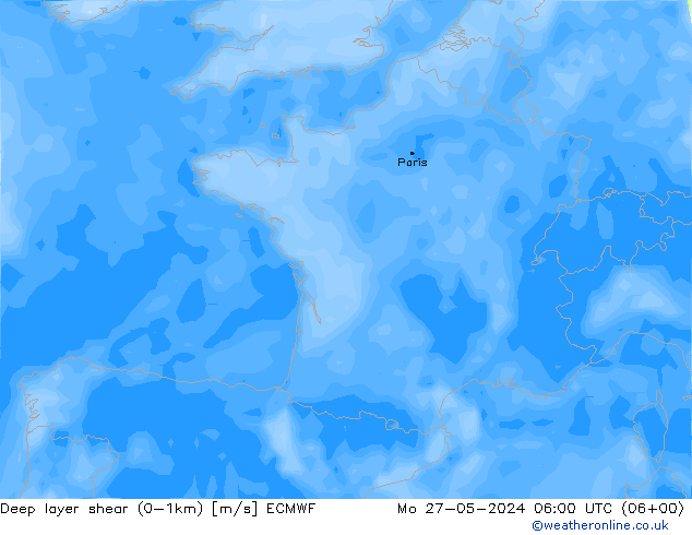 Deep layer shear (0-1km) ECMWF Seg 27.05.2024 06 UTC