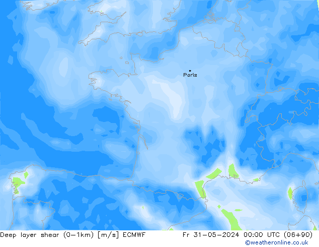 Deep layer shear (0-1km) ECMWF Pá 31.05.2024 00 UTC