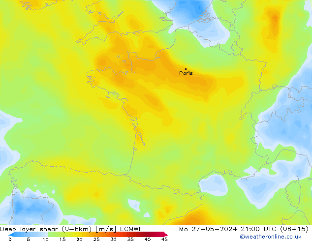 Deep layer shear (0-6km) ECMWF Mo 27.05.2024 21 UTC