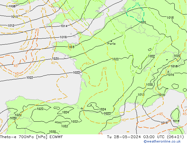 Theta-e 700hPa ECMWF Út 28.05.2024 03 UTC