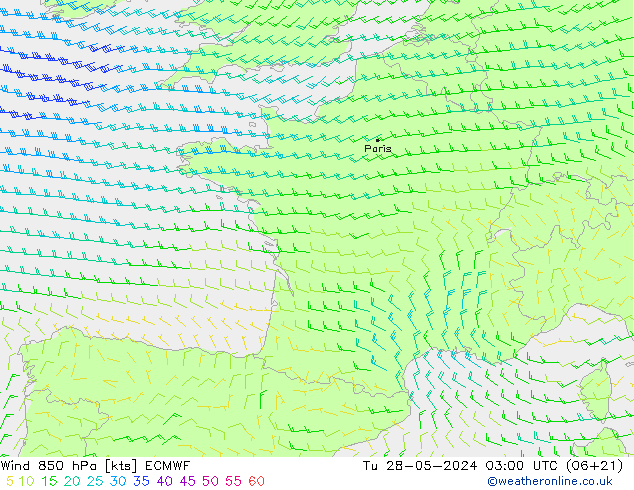 Vento 850 hPa ECMWF Ter 28.05.2024 03 UTC