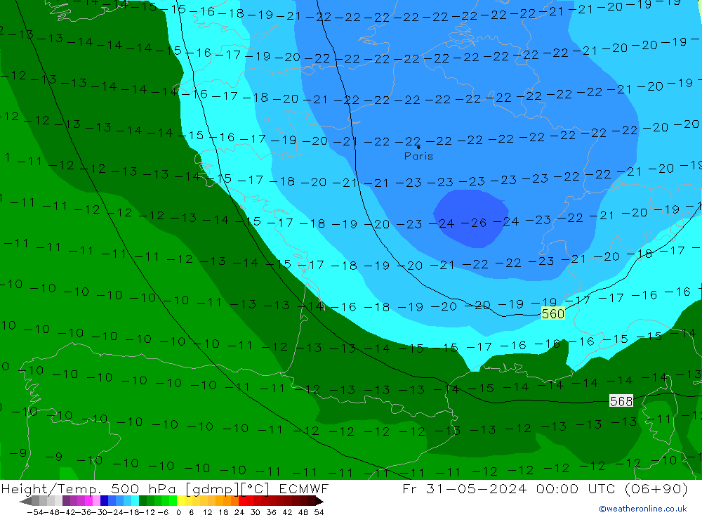 Z500/Rain (+SLP)/Z850 ECMWF Pá 31.05.2024 00 UTC