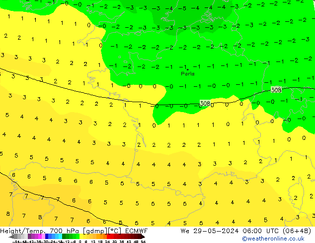 Height/Temp. 700 hPa ECMWF Mi 29.05.2024 06 UTC