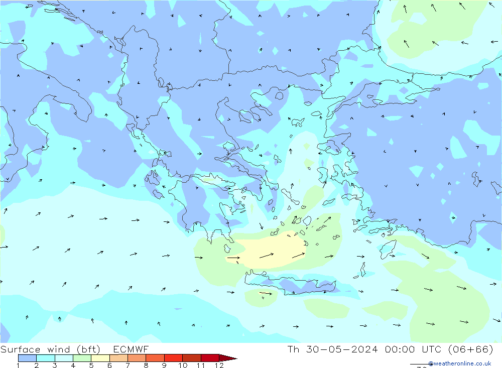 ве�Bе�@ 10 m (bft) ECMWF чт 30.05.2024 00 UTC