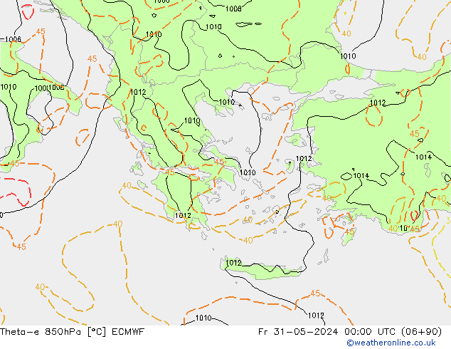 Theta-e 850hPa ECMWF ven 31.05.2024 00 UTC