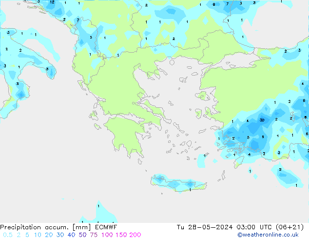 Precipitation accum. ECMWF Tu 28.05.2024 03 UTC