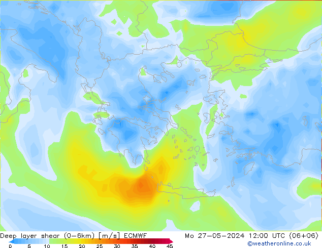 Deep layer shear (0-6km) ECMWF Mo 27.05.2024 12 UTC