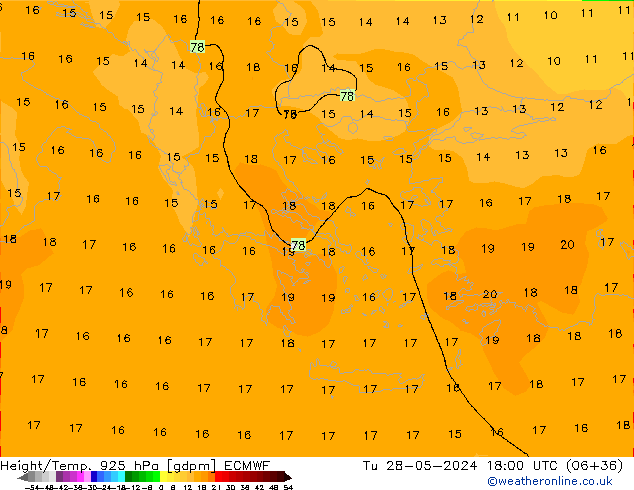 Height/Temp. 925 hPa ECMWF Út 28.05.2024 18 UTC