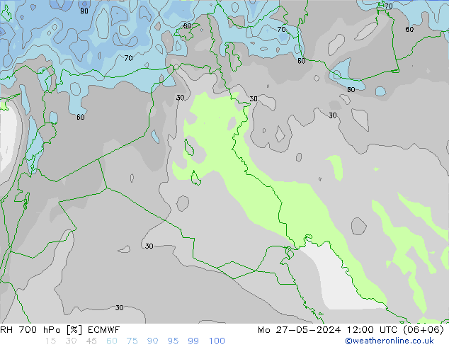 RH 700 hPa ECMWF pon. 27.05.2024 12 UTC