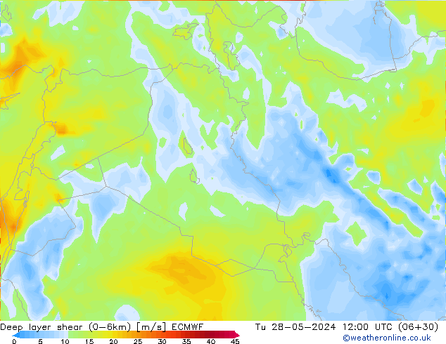 Deep layer shear (0-6km) ECMWF вт 28.05.2024 12 UTC