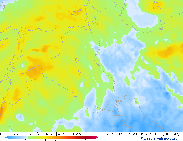 Deep layer shear (0-6km) ECMWF pt. 31.05.2024 00 UTC