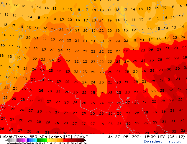 Height/Temp. 850 hPa ECMWF Po 27.05.2024 18 UTC