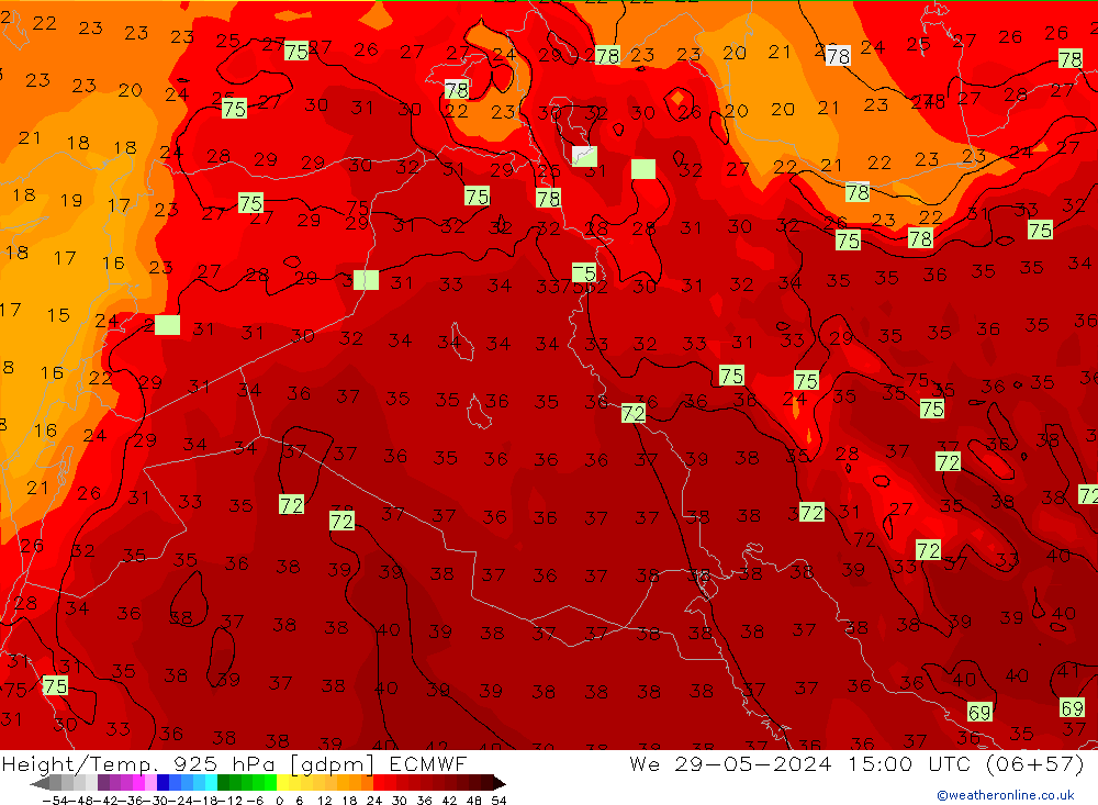 Geop./Temp. 925 hPa ECMWF mié 29.05.2024 15 UTC