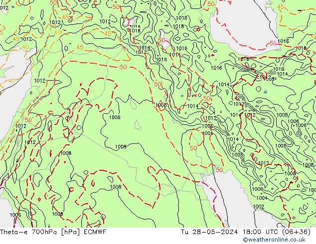 Theta-e 700hPa ECMWF mar 28.05.2024 18 UTC