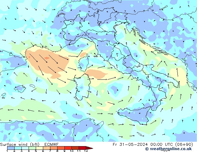 Vento 10 m (bft) ECMWF ven 31.05.2024 00 UTC