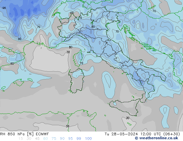 RH 850 hPa ECMWF Tu 28.05.2024 12 UTC