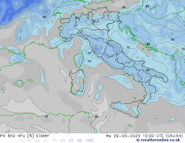 RH 850 hPa ECMWF śro. 29.05.2024 12 UTC