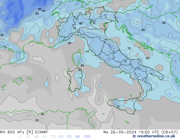 850 hPa Nispi Nem ECMWF Çar 29.05.2024 15 UTC