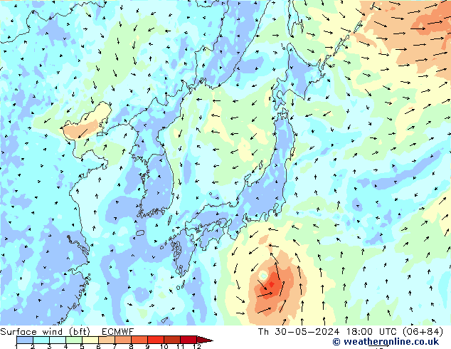 Wind 10 m (bft) ECMWF do 30.05.2024 18 UTC