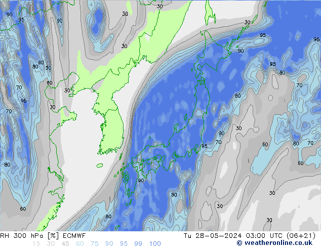 RH 300 hPa ECMWF Út 28.05.2024 03 UTC