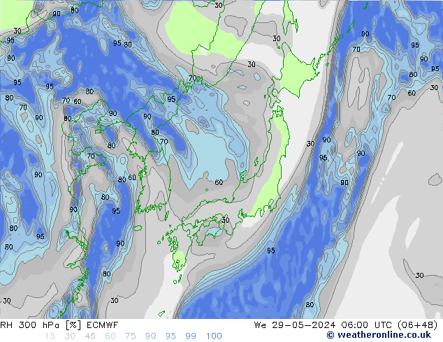 RH 300 hPa ECMWF We 29.05.2024 06 UTC