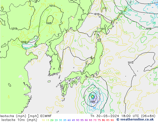 Isotaca (mph) ECMWF jue 30.05.2024 18 UTC