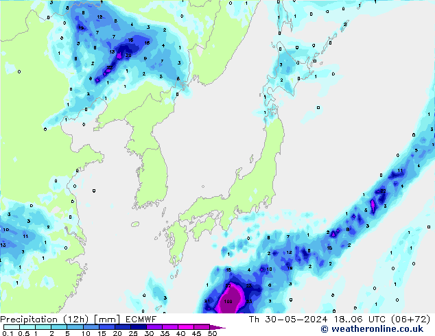 Totale neerslag (12h) ECMWF do 30.05.2024 06 UTC