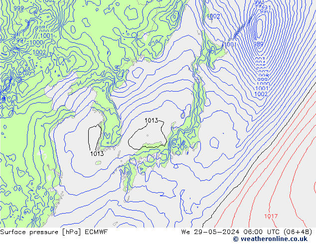 Presión superficial ECMWF mié 29.05.2024 06 UTC