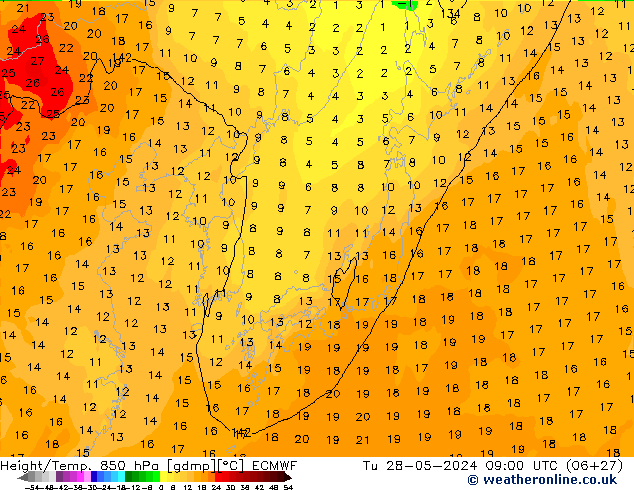 Hoogte/Temp. 850 hPa ECMWF di 28.05.2024 09 UTC