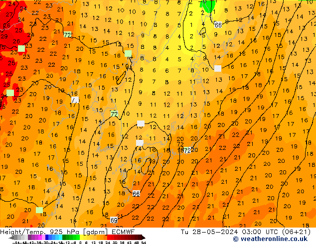 Height/Temp. 925 hPa ECMWF Út 28.05.2024 03 UTC