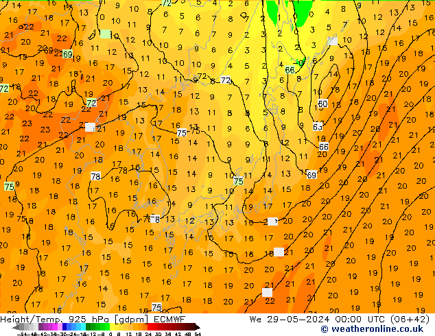 Height/Temp. 925 hPa ECMWF  29.05.2024 00 UTC