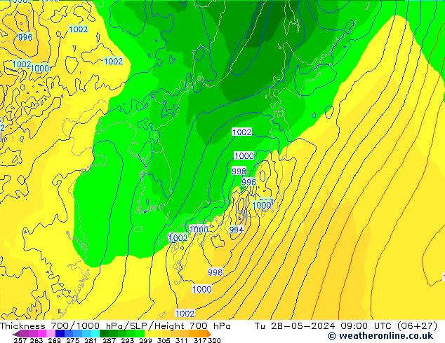 Thck 700-1000 hPa ECMWF Tu 28.05.2024 09 UTC