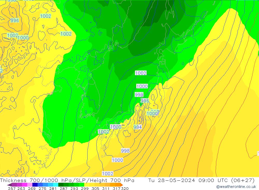 Thck 700-1000 hPa ECMWF  28.05.2024 09 UTC