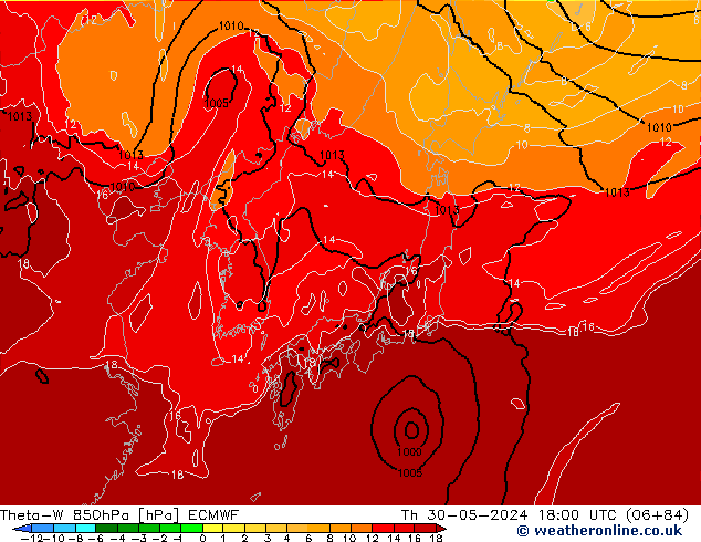 Theta-W 850hPa ECMWF do 30.05.2024 18 UTC