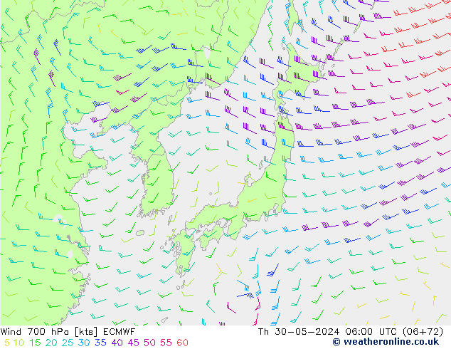 Viento 700 hPa ECMWF jue 30.05.2024 06 UTC