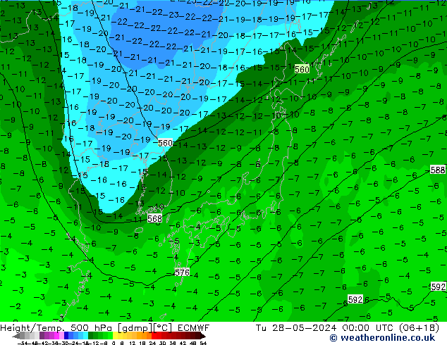 Z500/Rain (+SLP)/Z850 ECMWF wto. 28.05.2024 00 UTC