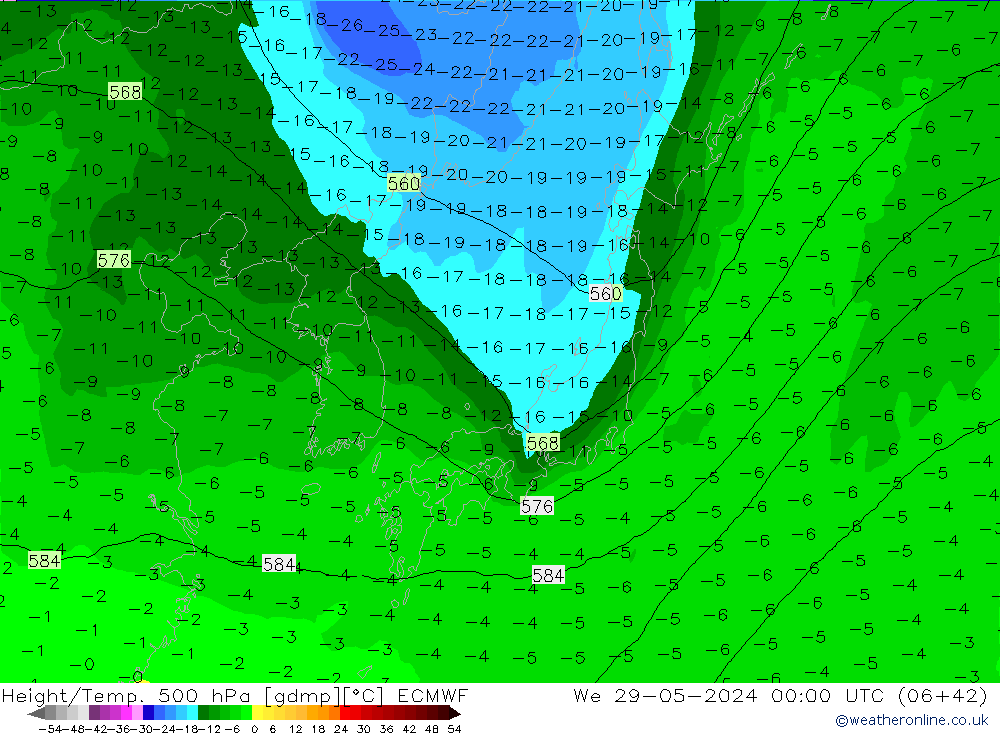 Z500/Rain (+SLP)/Z850 ECMWF  29.05.2024 00 UTC