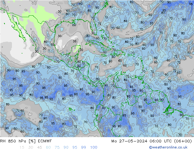 RH 850 гПа ECMWF пн 27.05.2024 06 UTC