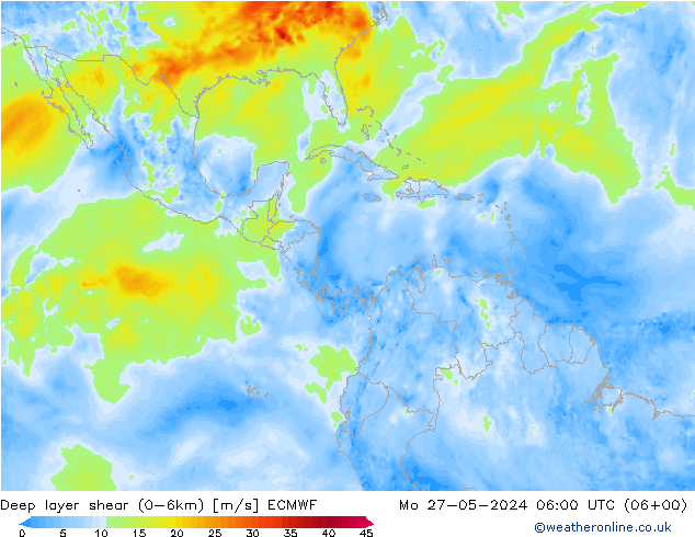 Deep layer shear (0-6km) ECMWF lun 27.05.2024 06 UTC