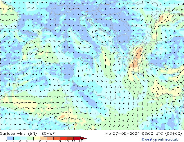 Vento 10 m (bft) ECMWF Seg 27.05.2024 06 UTC