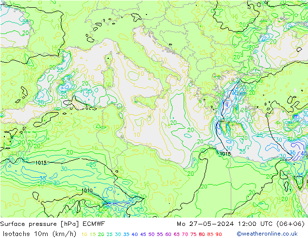 Isotaca (kph) ECMWF lun 27.05.2024 12 UTC