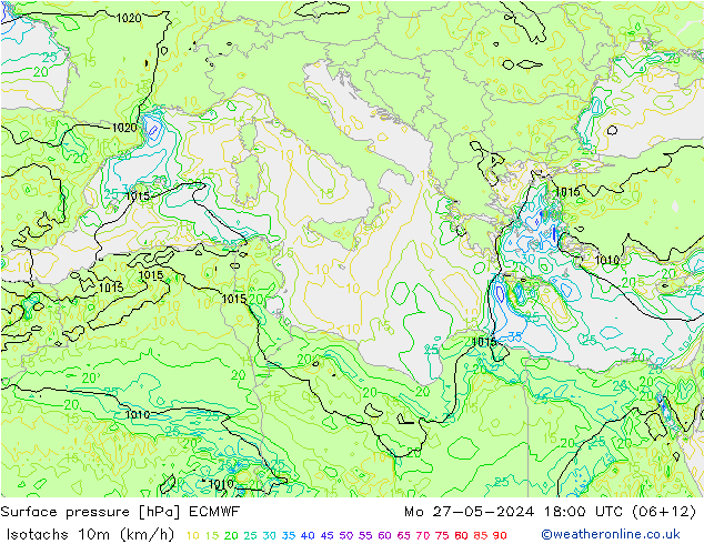 Isotachs (kph) ECMWF Mo 27.05.2024 18 UTC